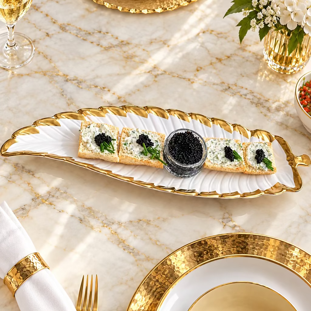 White porcelain leaf plate with gold rim | Luxury serving dish UK | High Class Touch