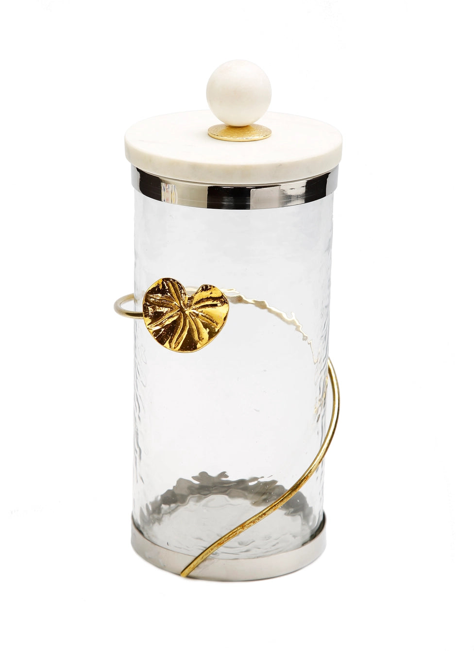 Glass Silver Canister with Gold Lotus Design and Marble Lid