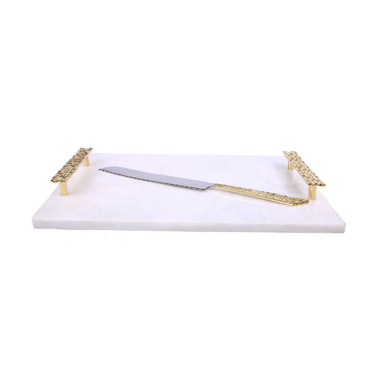 White Marble Tray - Gold Mosaic Design Handles