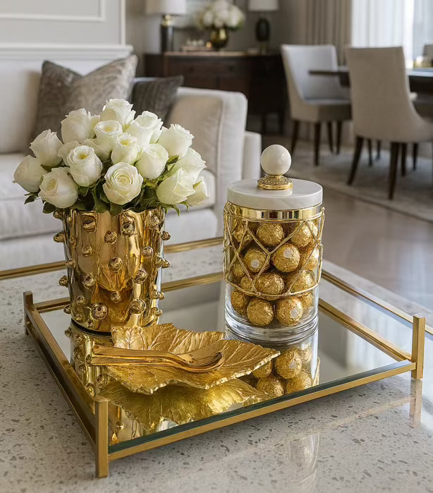 Glass Canister Gold Mesh Design, Marble Lid