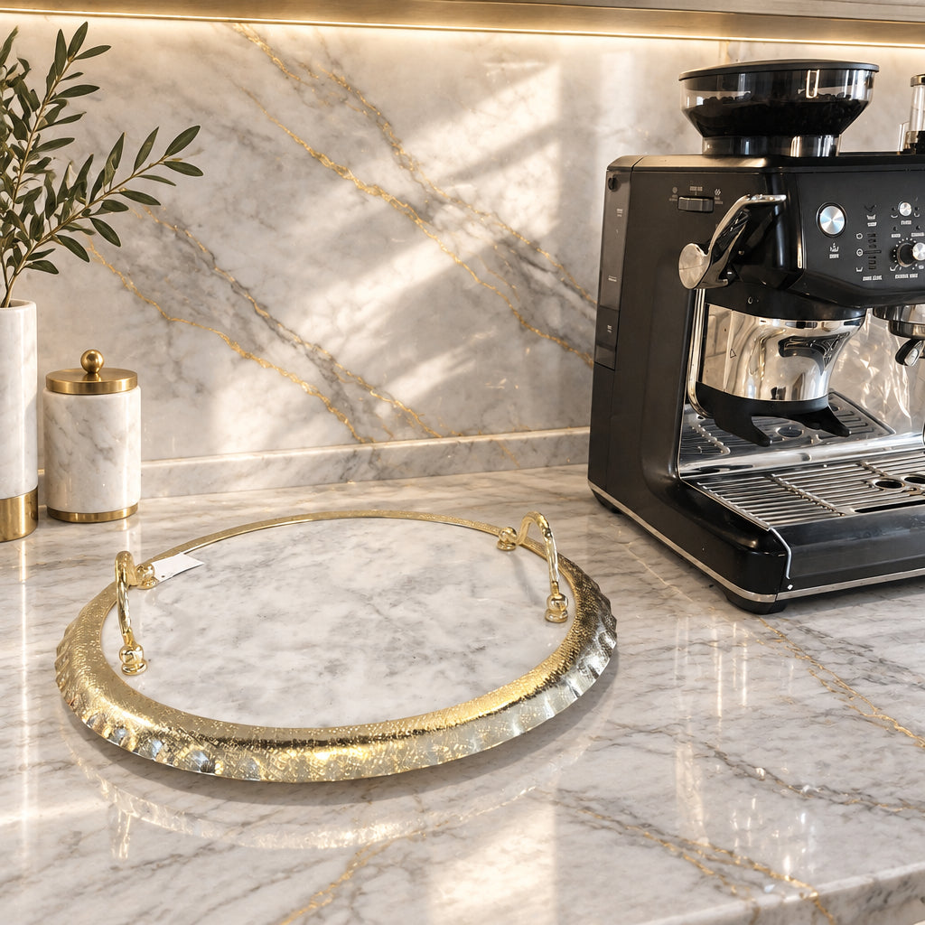 Round Marble Tray with Ruffle Gold Edge and handles