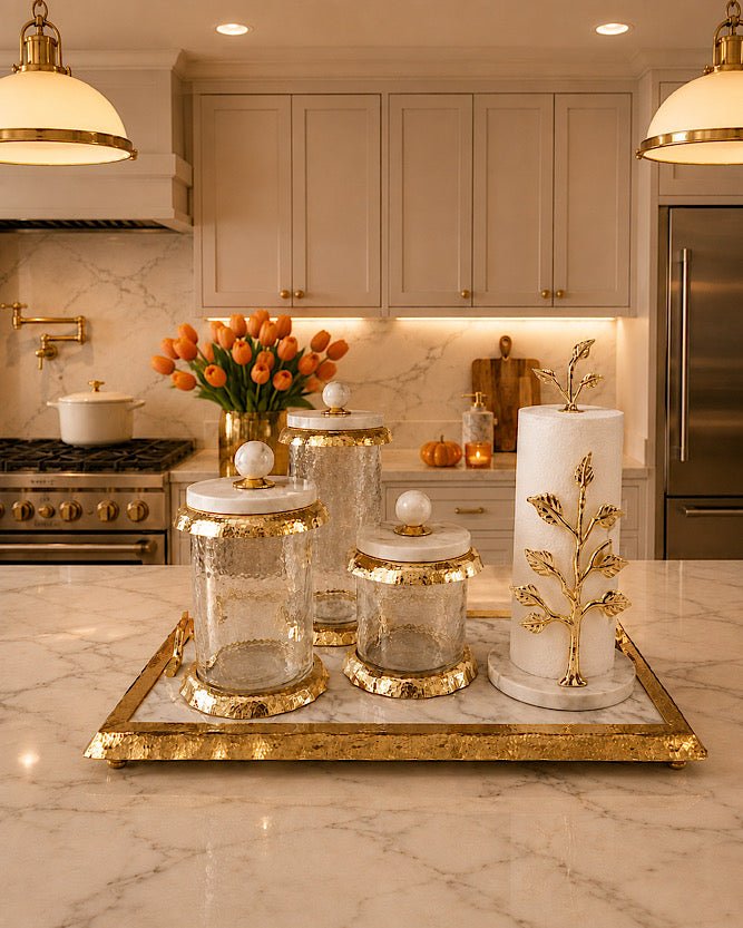 White Marble Tray with Gold Ruffled Design - High Class Touch
