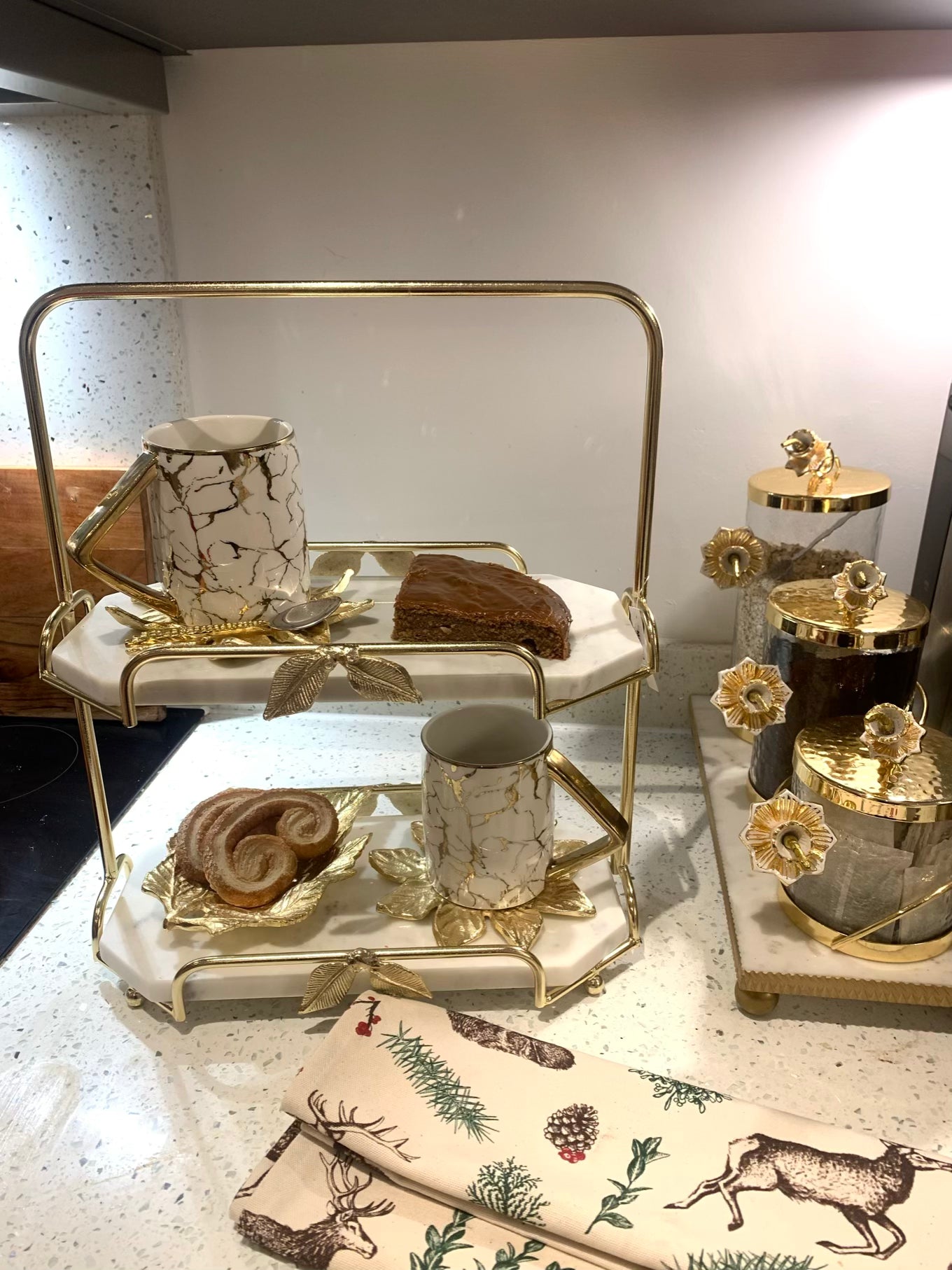Two-Tier Marble and Gold Cake Stand Tray Leaf Design