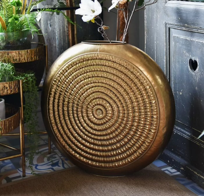 Oval Embossed Metal Vase - Antique Gold-High Class Touch