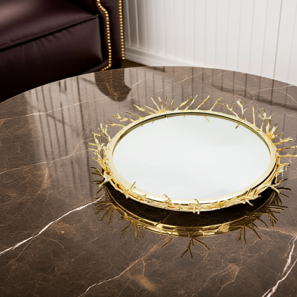 Decorative Round Mirror Tray with Gold Design Border