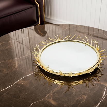 Decorative Round Mirror Tray with Gold Design Border