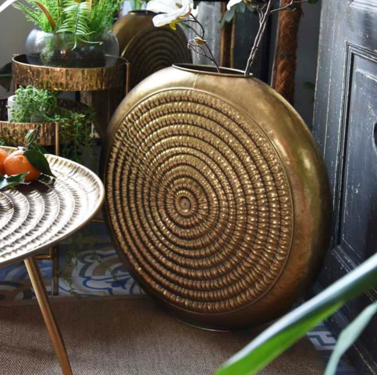 Oval Embossed Metal Vase - Antique Gold