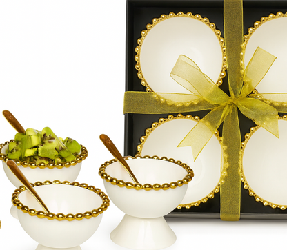 Porcelain White Dessert Cups with Gold Beaded Design- Set Of Four
