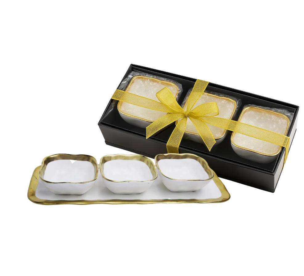 Relish dish with 3 square bowls with gold trim | Luxury serveware UK