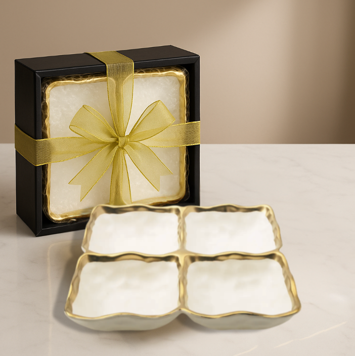 Porcelain white relish dish with gold rim | Luxury table serveware UK