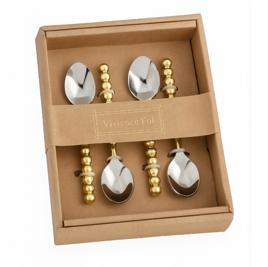 Set of 4 Gold Beaded Handles Dessert and Tea Spoons/Forks