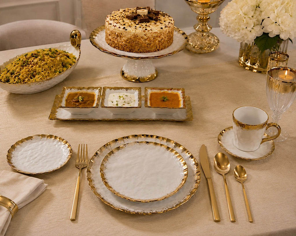 White Porcelain with Opulent Gold Border Dinner Plates Set - High Class Touch