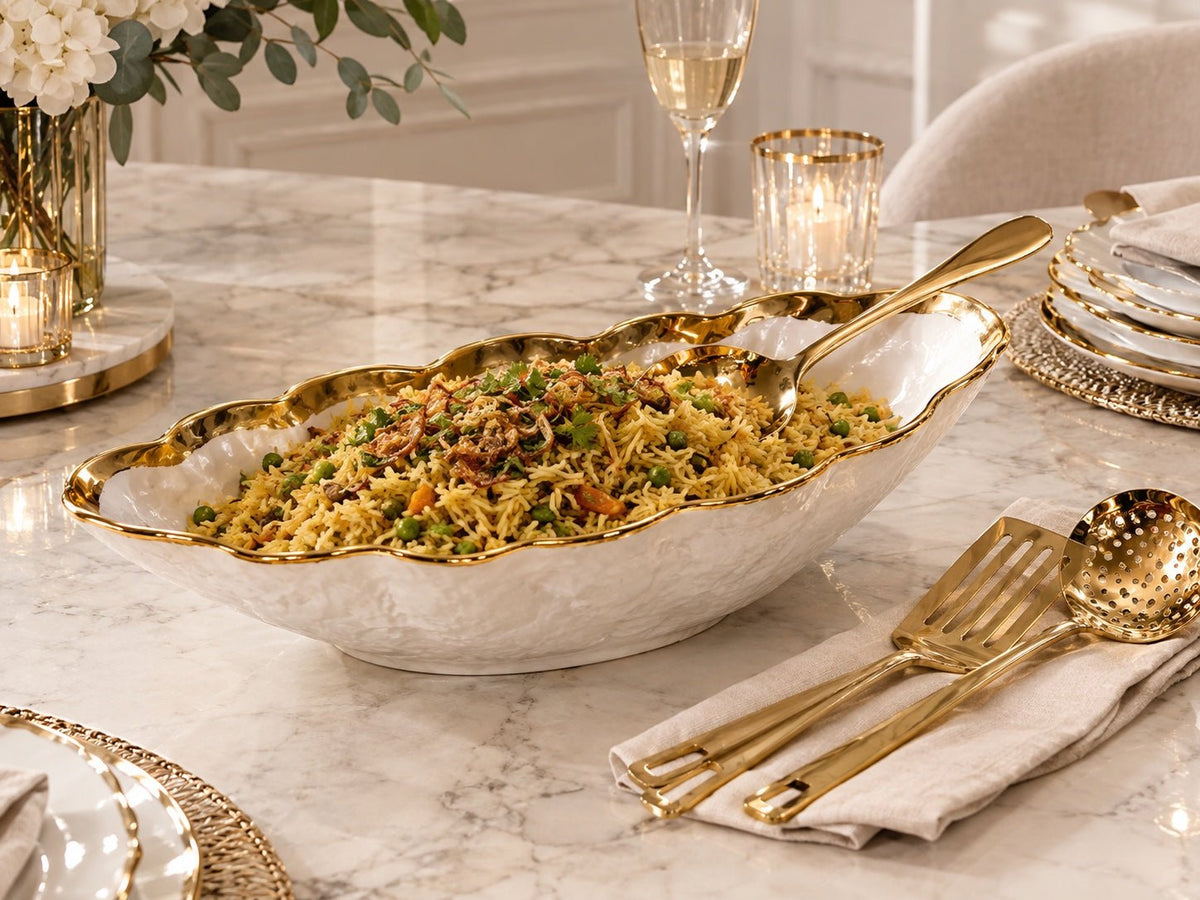 White Porcelain Serving Bowl with Gold Border - High Class Touch