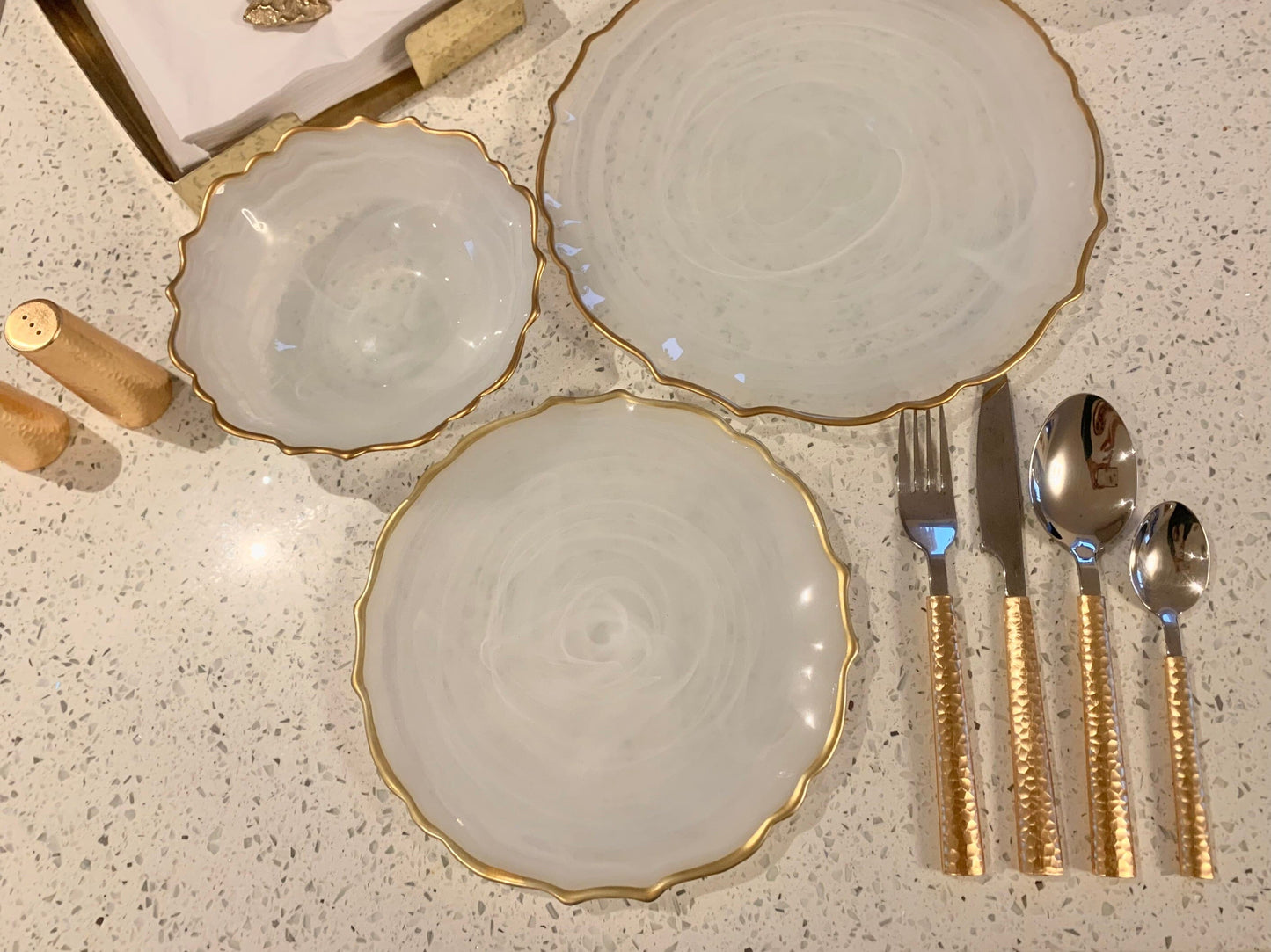 Dinnerware Set Plates in Smoked Alabaster White with Gold Trim Plates High Class Touch - Home Decor 