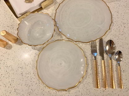 Dinnerware Set Plates in Smoked Alabaster White with Gold Trim Plates High Class Touch - Home Decor 