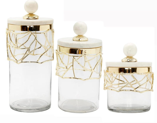 Glass Canister Gold Mesh Design, Marble Lid Canisters High Class Touch - Home Decor Set of 3 