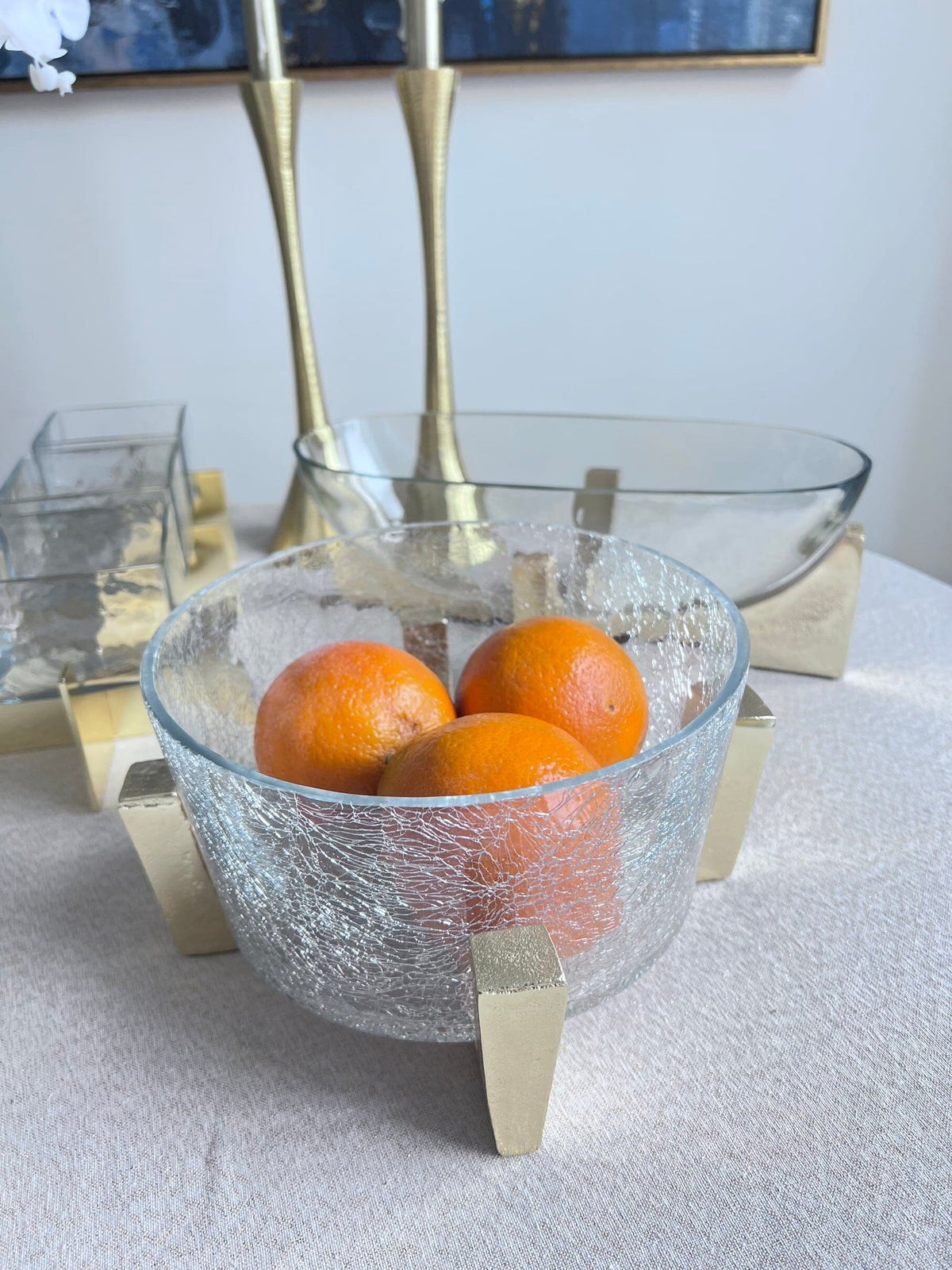 Glass Fruit Bowl with Gold Metal Stand Serving Bowls High Class Touch - Home Decor 