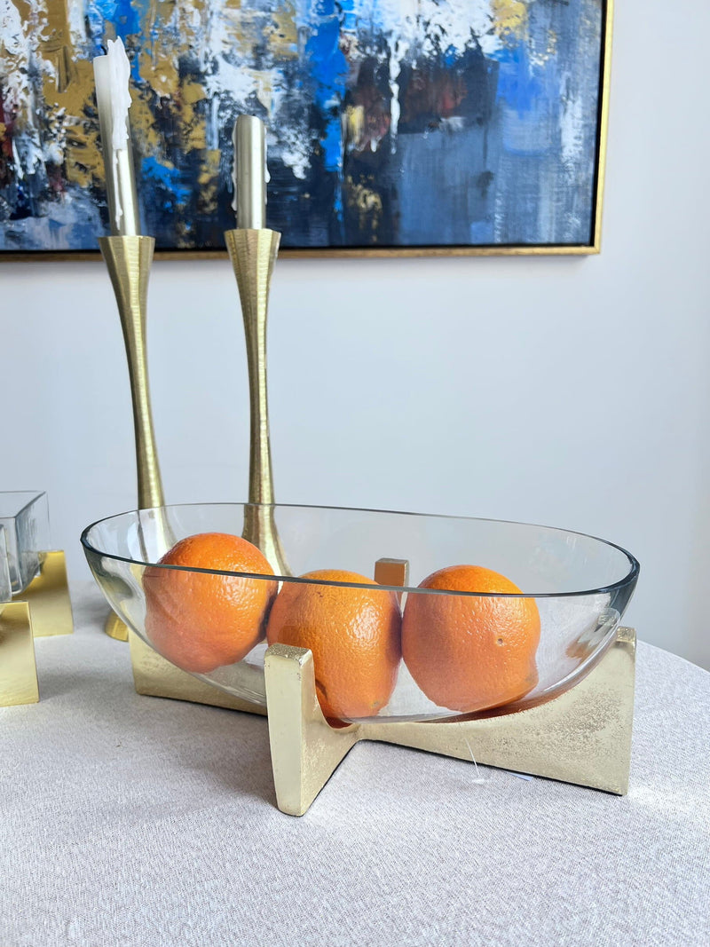 Glass Oval Salad Bowl On Gold Metal Stand Serving Bowls High Class Touch - Home Decor 