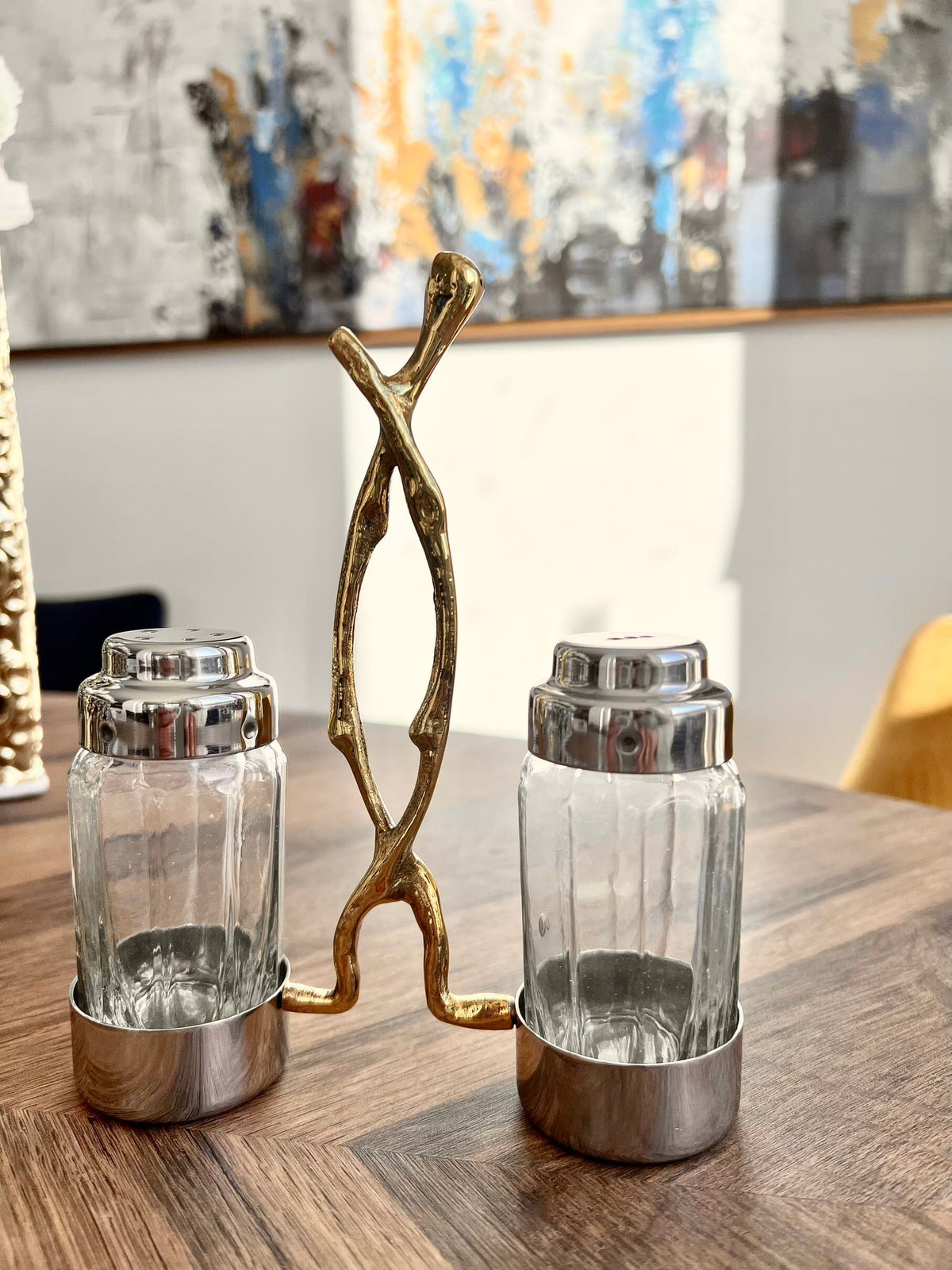Glass Salt and Pepper Set with Gold Twig Design Salt and Pepper Shakers High Class Touch - Home Decor 