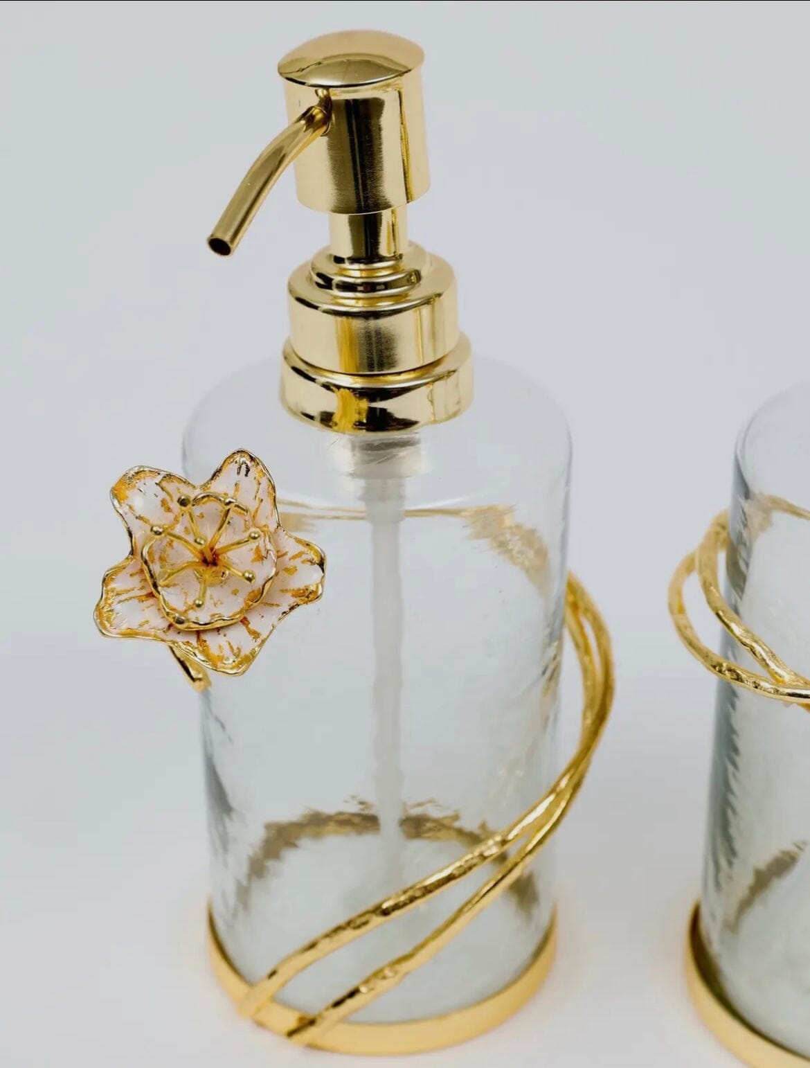 Glass Soap & Lotions dispenser with gold metal flower detail High Class Touch 