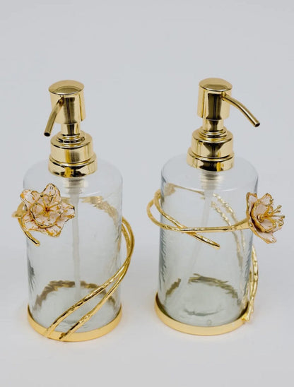 Glass Soap & Lotions dispenser with gold metal flower detail High Class Touch 