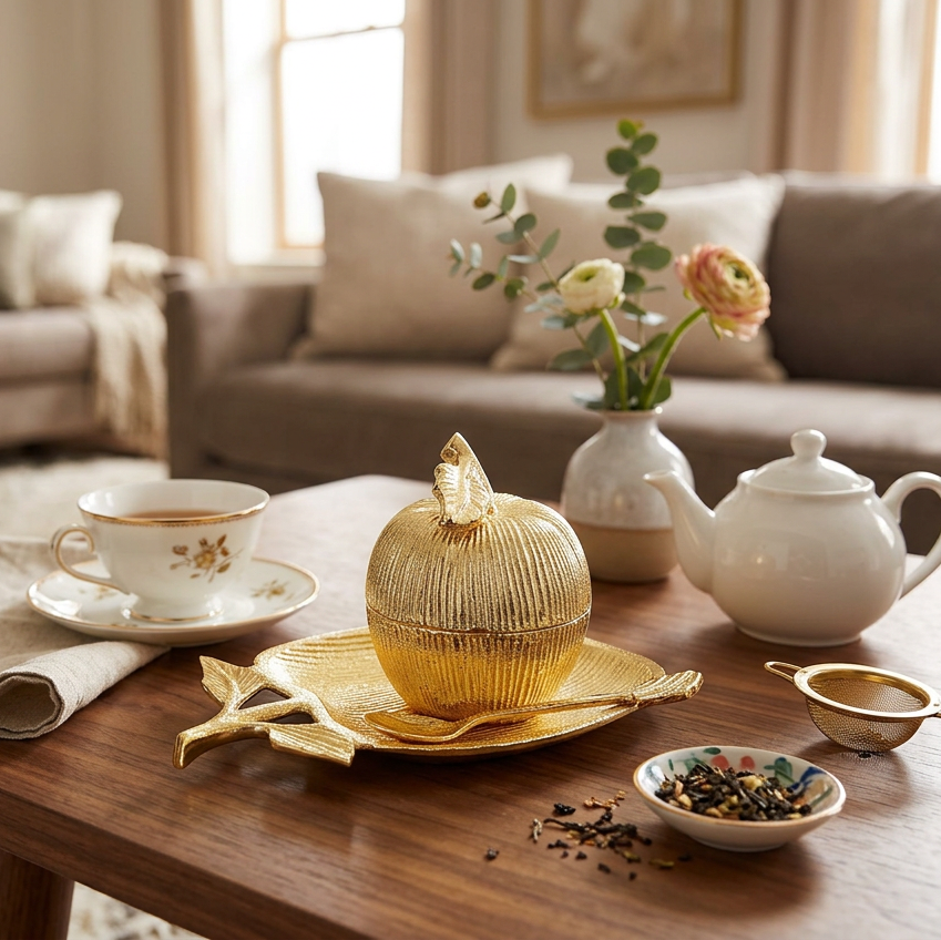 Gold Apple Shaped Dish with spoon