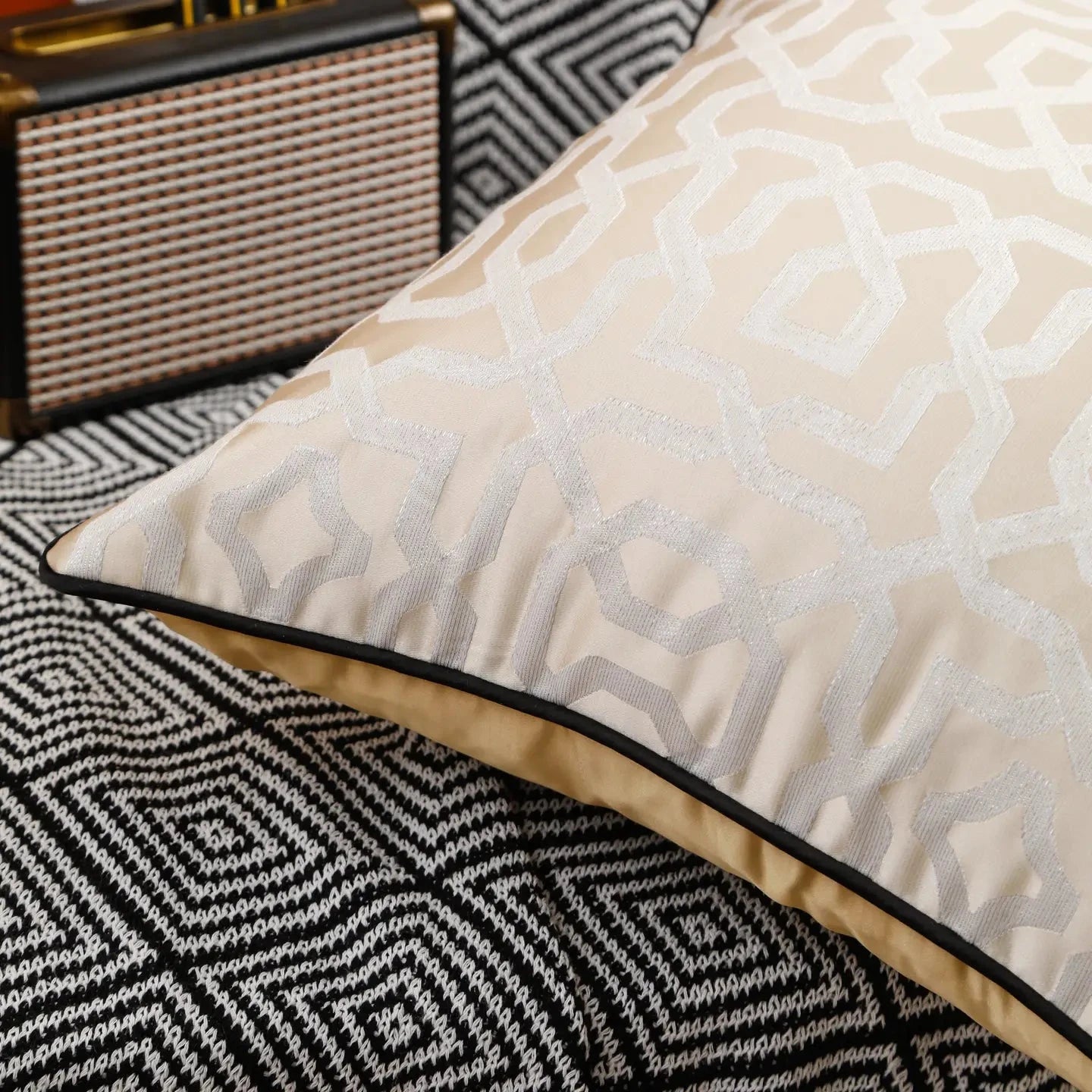 Gold & Beige Cushion Cover with Geometric Design High Class Touch 