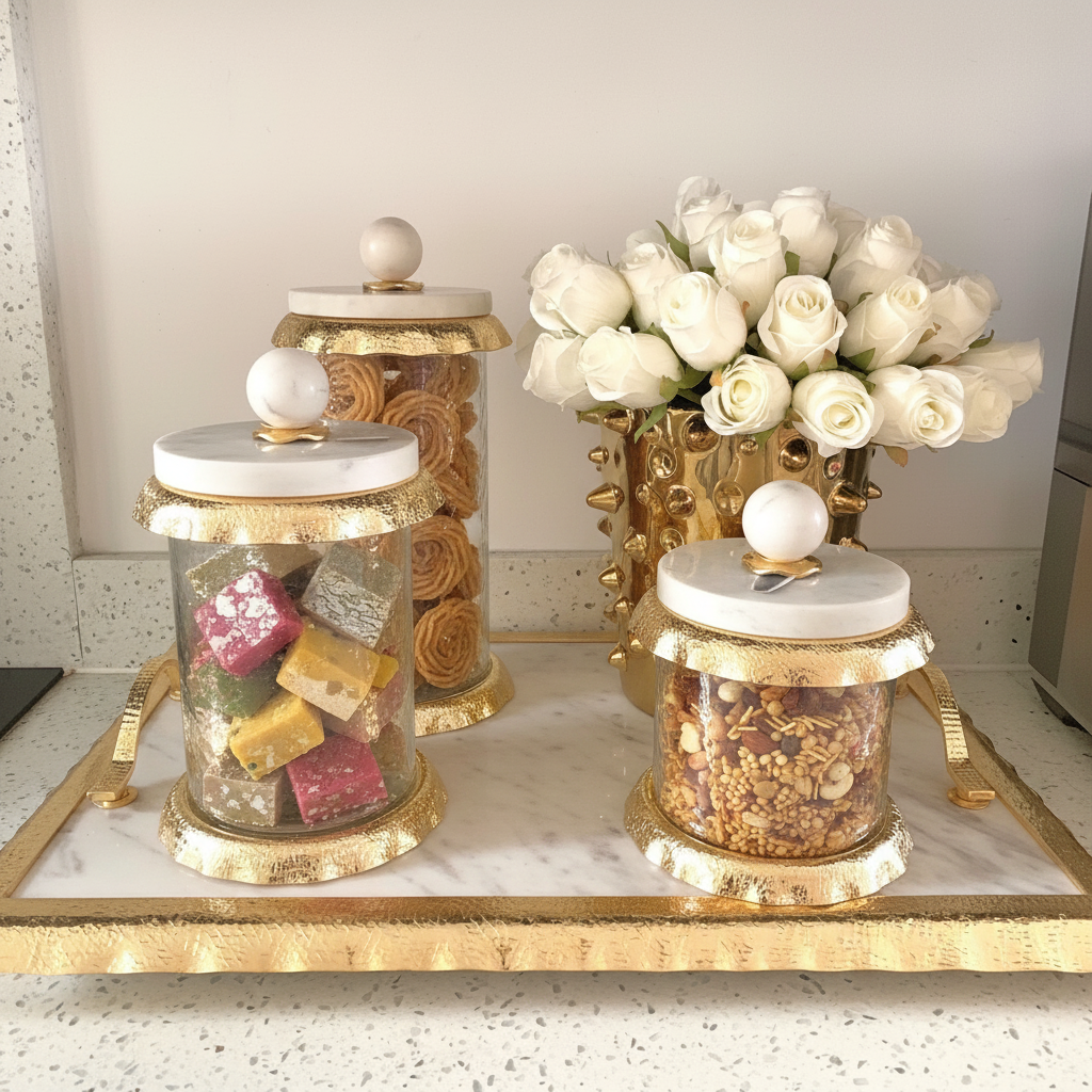 Gold Canister With Marble And Gold Ruffle Edge Lid