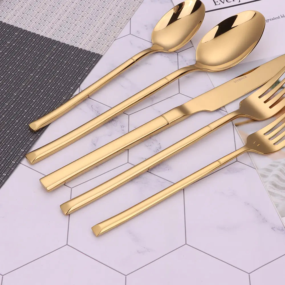 Gold Flat Handle 20 Pc Flatware Set, Service For 4 Cutlery High Class Touch - Home Decor 