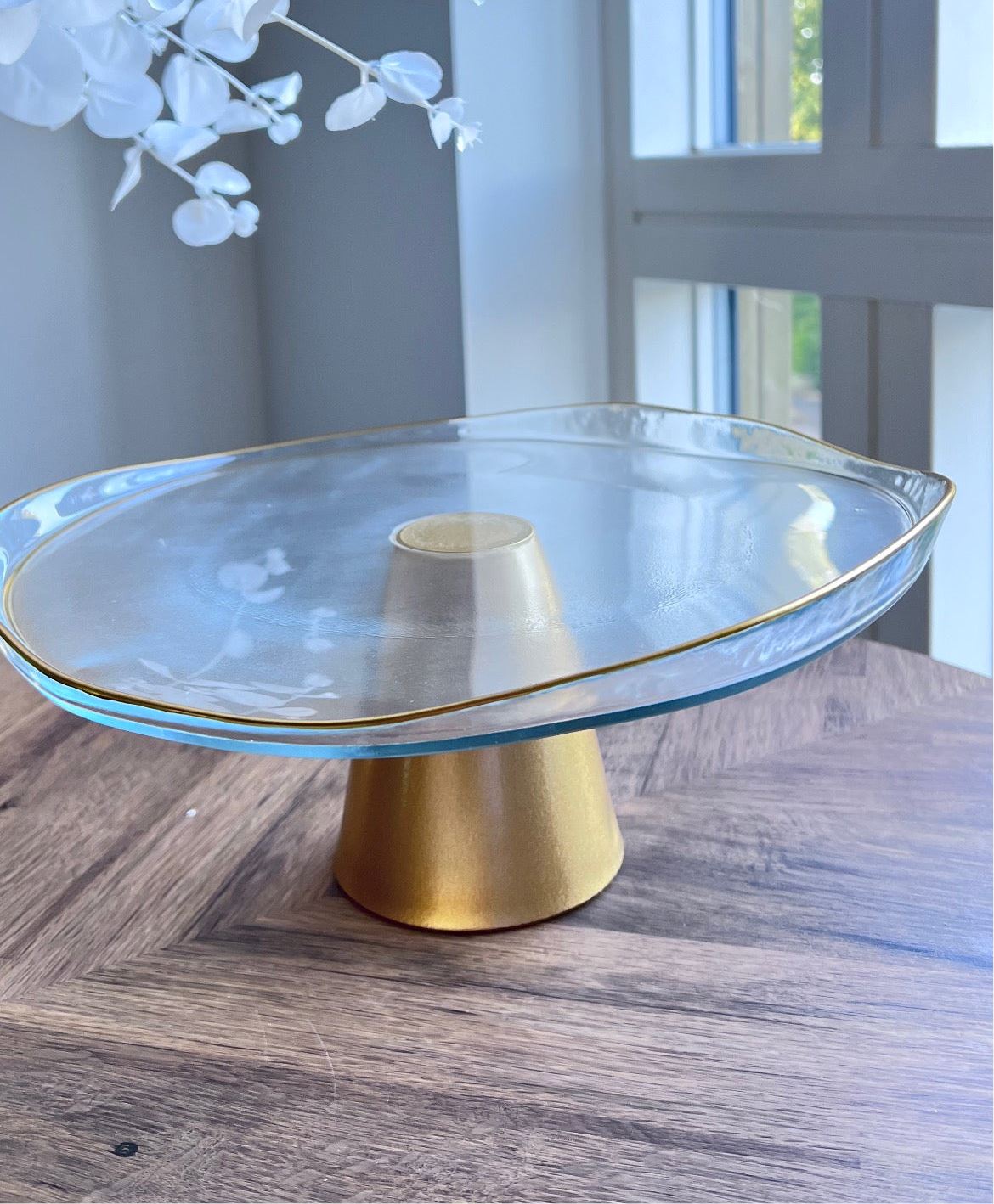 Gold Footed Glass Cake Plate High Class Touch - Home Decor 