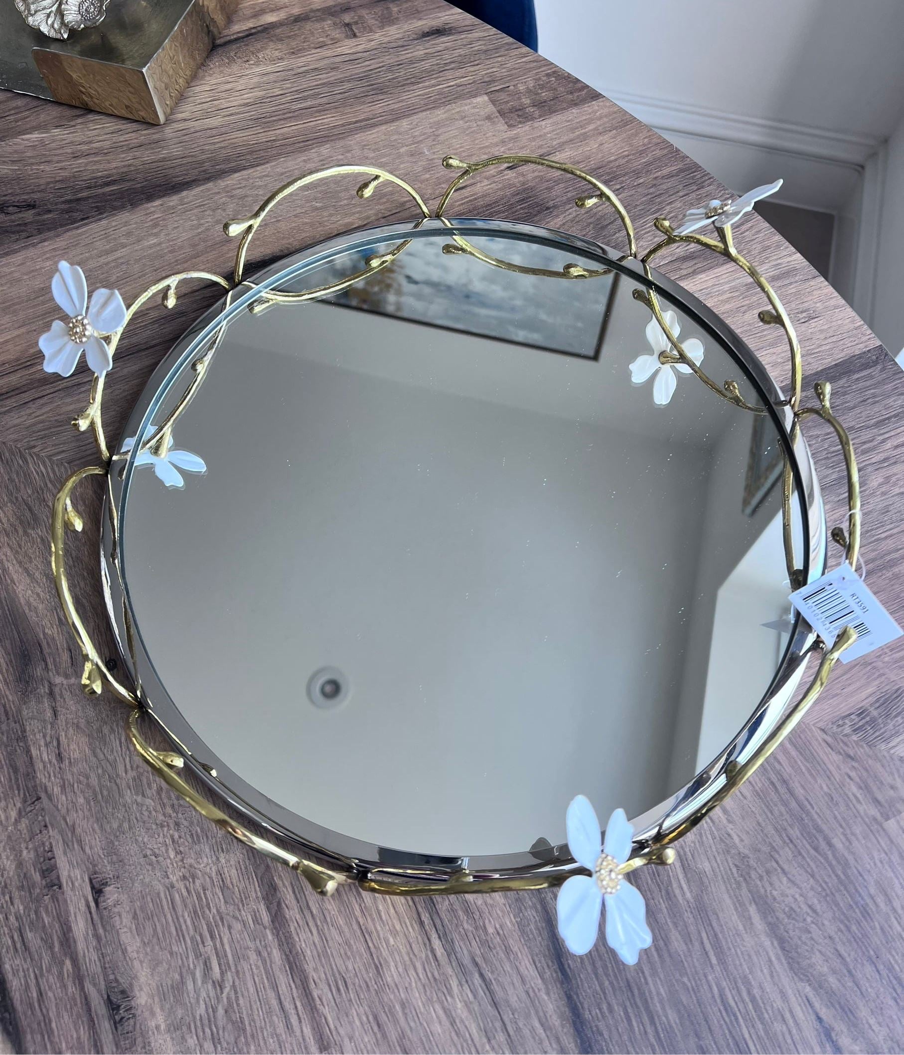 Gold Loop Round Tray with Jewel Flowers Design Decorative Trays High Class Touch - Home Decor 