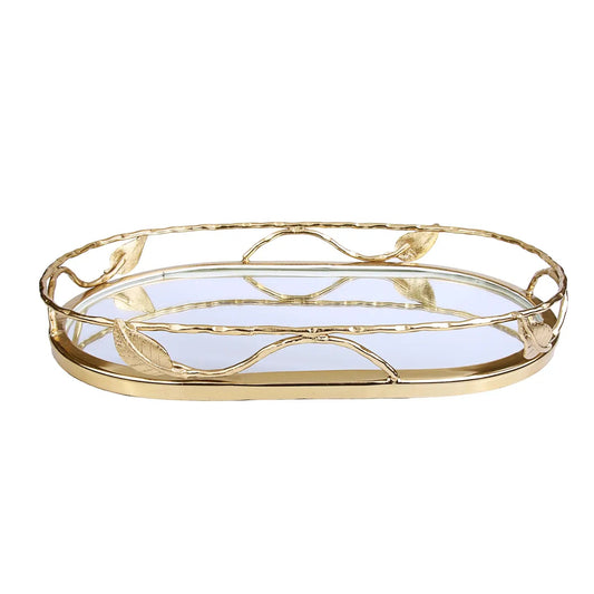 Gold Oval Mirrror Tray with Leaf design Decorative Trays High Class Touch - Home Decor 