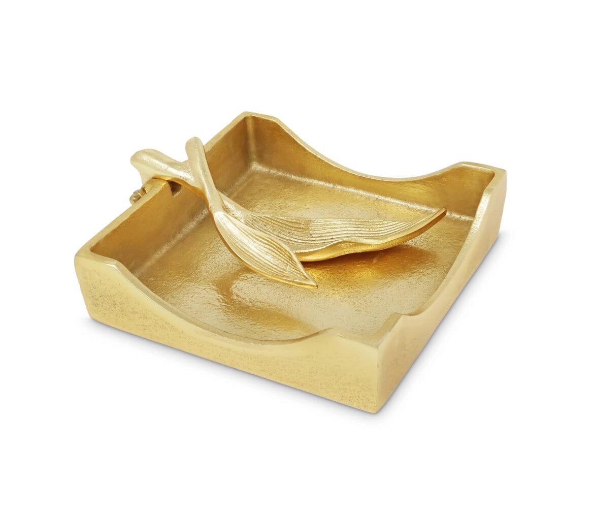 Gold Square Napkin Holder with Leaf Tong Napkin Holders & Dispensers High Class Touch - Home Decor 