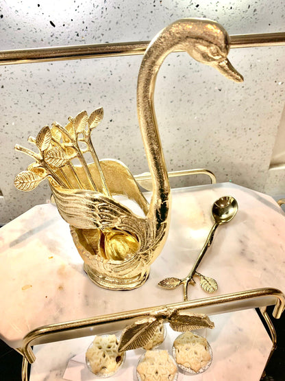 Gold Swan Dessert Spoon Holder with 6 Spoons Cutlery High Class Touch - Home Decor 