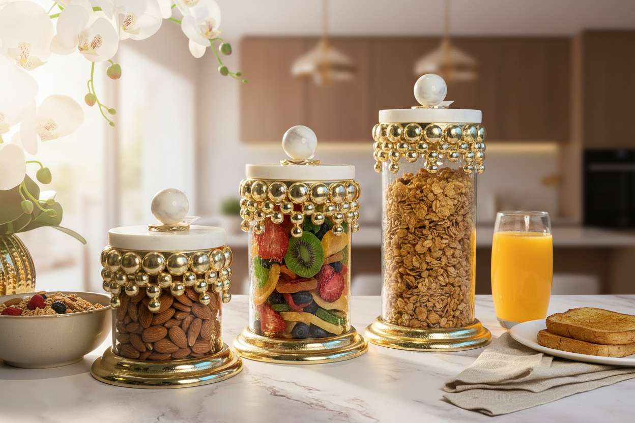 Hammered Glass Canisters with Gold Beaded Design and Marble Lid