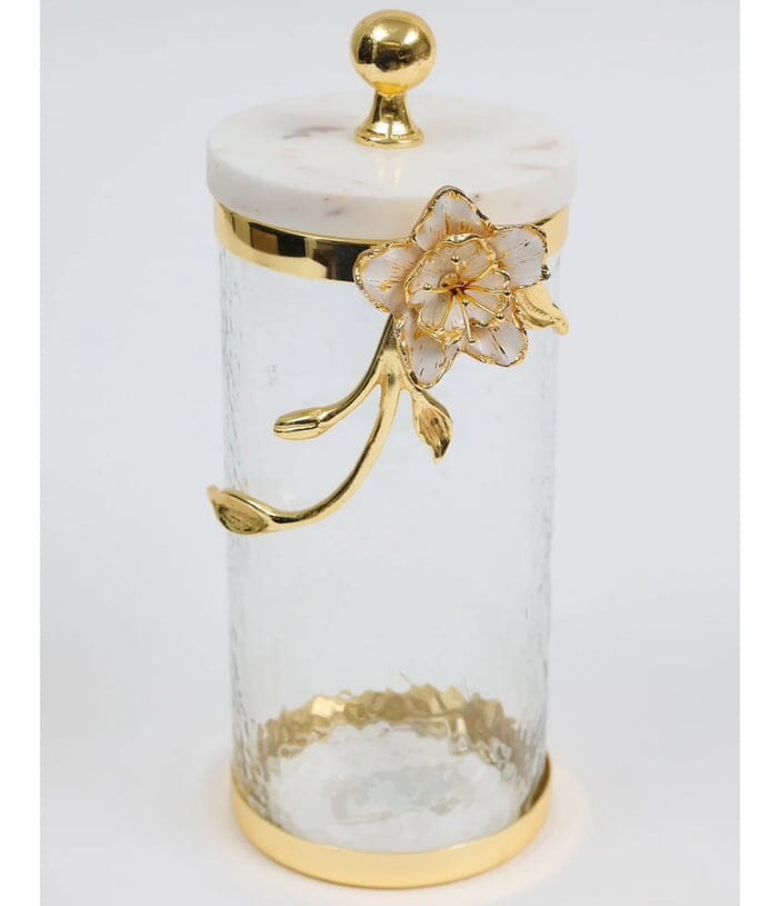 Hammered Glass Tea Canister White Flower and Gold Leaf Design Canisters High Class Touch - Home Decor 