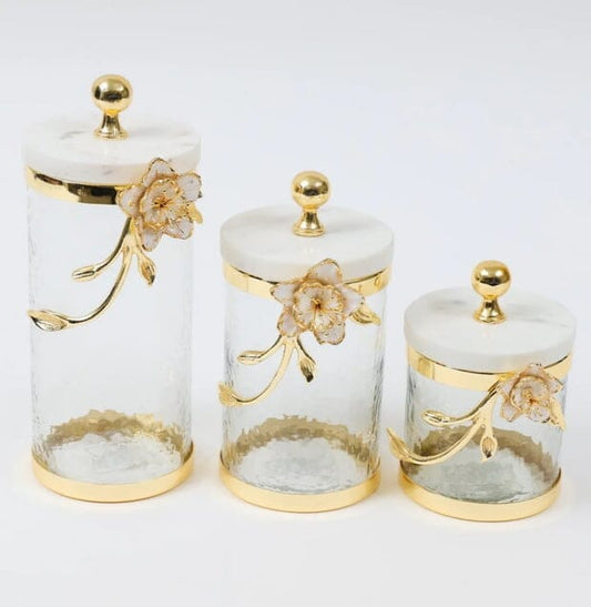Hammered Glass Tea Canister White Flower and Gold Leaf Design Canisters High Class Touch - Home Decor 