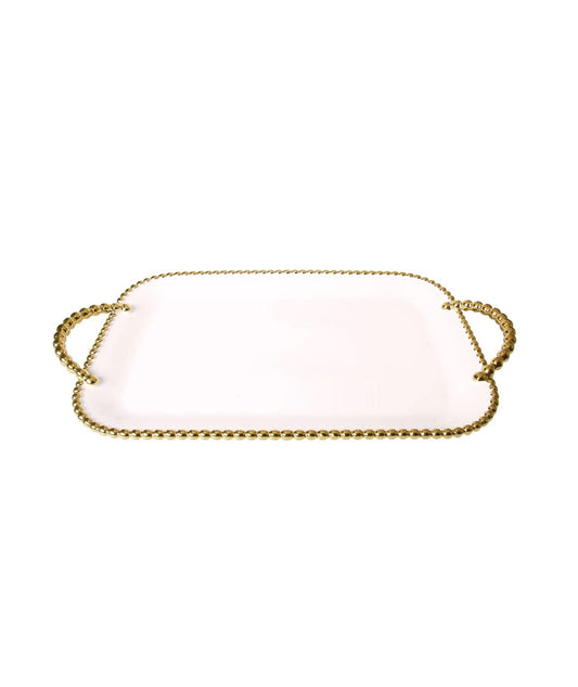 Porcelain White Tray with Gold beaded handles and design Decorative Trays High Class Touch - Home Decor 