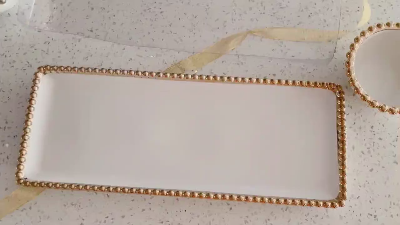 White Porcelain 3 Bowl on tray Beaded Serving Dish