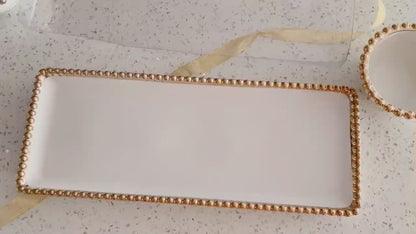 White Porcelain 3 Bowl on tray Beaded Serving Dish