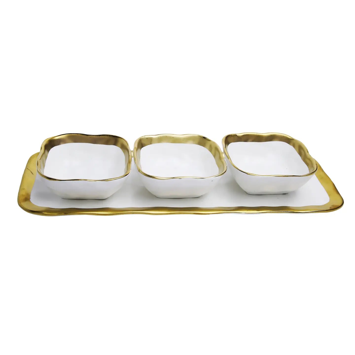 Relish Dish with 3 Square Bowls with Gold Trim Serving Bowls High Class Touch - Home Decor 