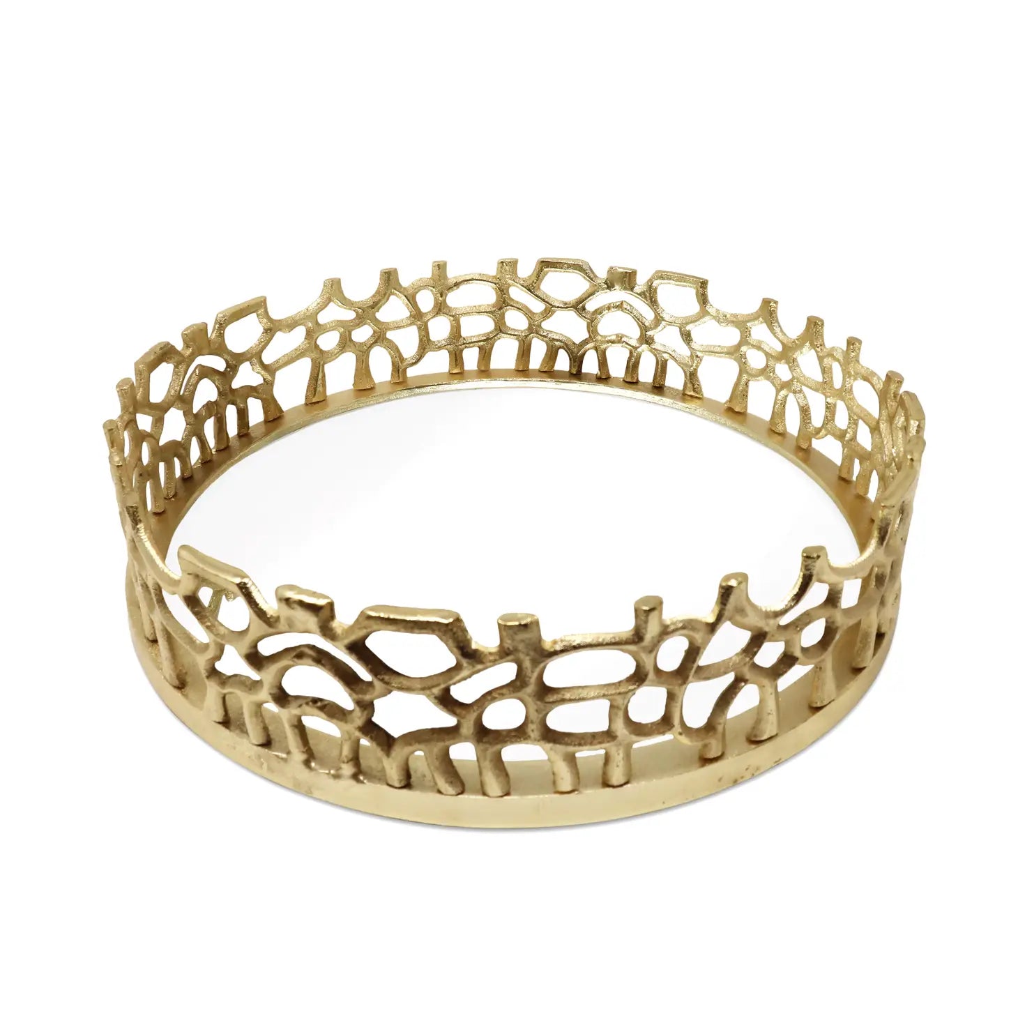 Round Gold Mirror Tray with Lace Design Decorative Trays High Class Touch - Home Decor 
