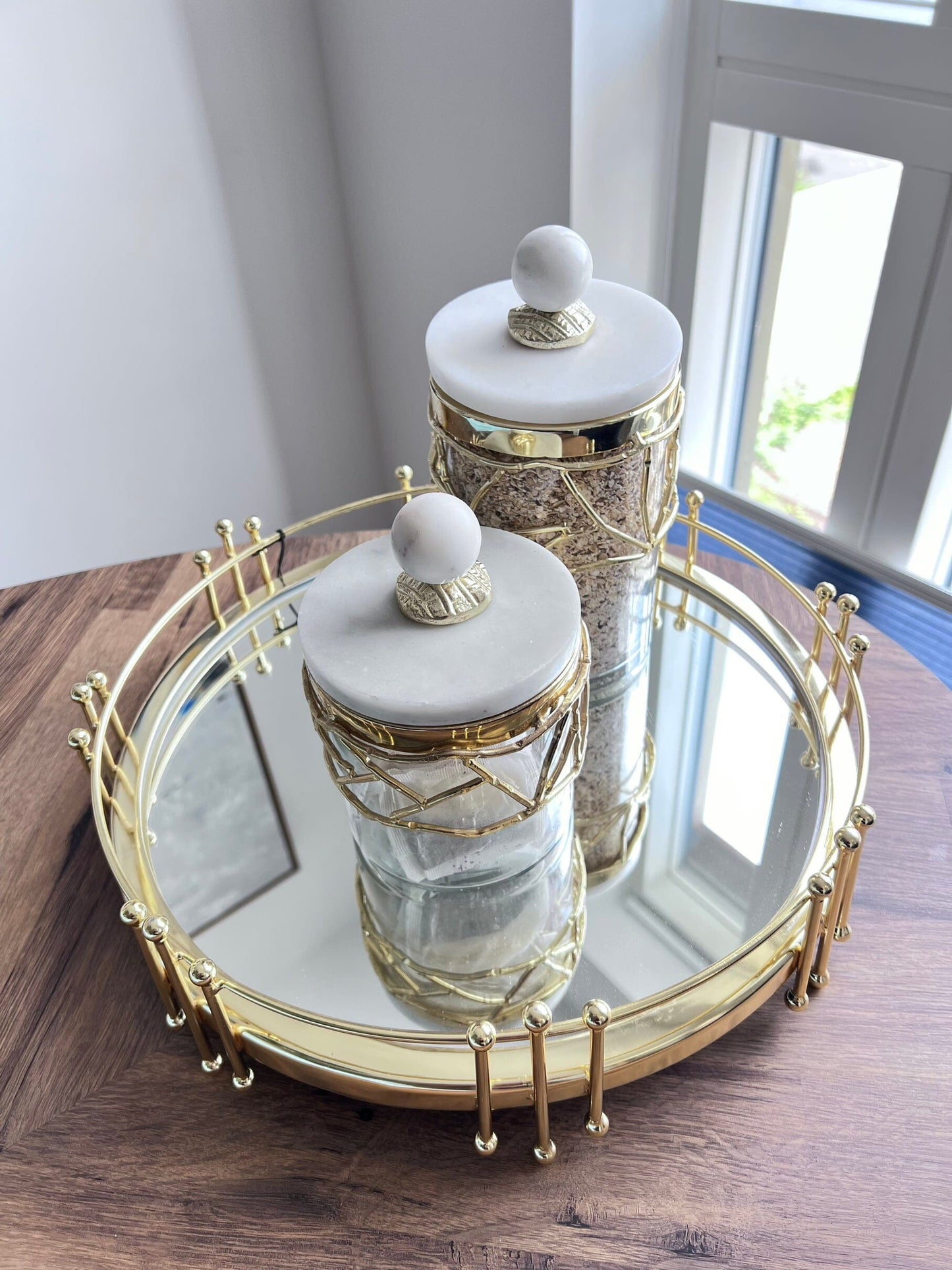 Round Mirror Tray with Gold Symmetrical Design Decorative Trays High Class Touch - Home Decor 