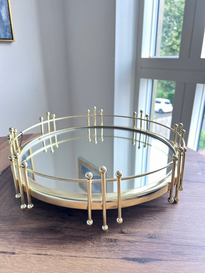 Round Mirror Tray with Gold Symmetrical Design Decorative Trays High Class Touch - Home Decor 