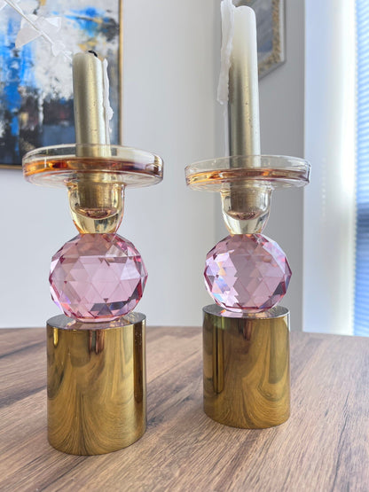 Set of 2 Pink Crystal Candlesticks, 6.5"H Candle Holders High Class Touch - Home Decor 