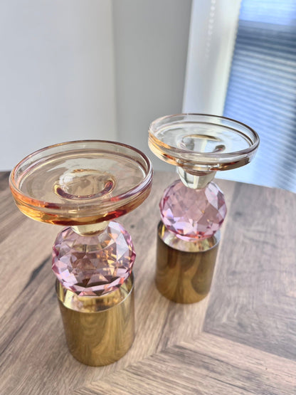 Set of 2 Pink Crystal Candlesticks, 6.5"H Candle Holders High Class Touch - Home Decor 