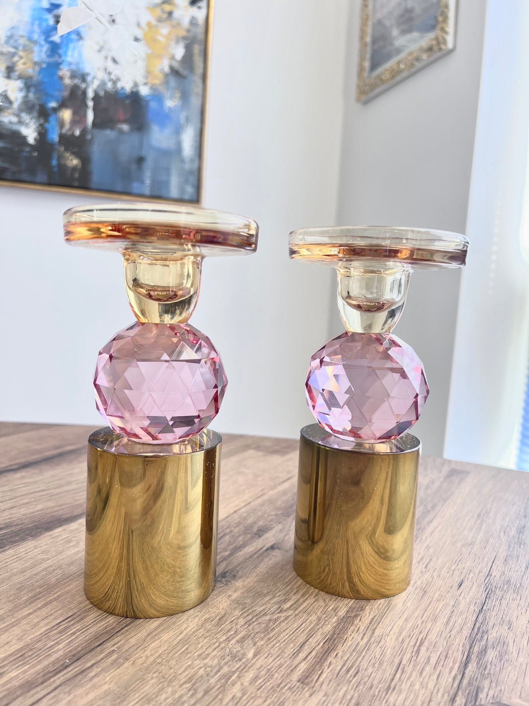 Set of 2 Pink Crystal Candlesticks, 6.5"H Candle Holders High Class Touch - Home Decor 