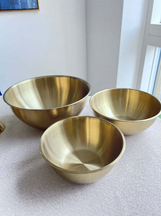 Set of 3 Stainless Steel Gold Mixing Bowls Serving Bowls High Class Touch - Home Decor 