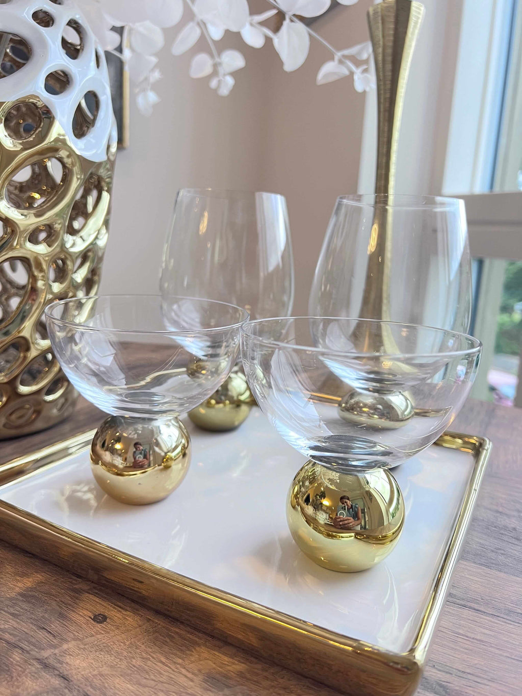 Set of 4 Dessert Bowls On Gold Ball Pedestal Wine Glasses High Class Touch - Home Decor 