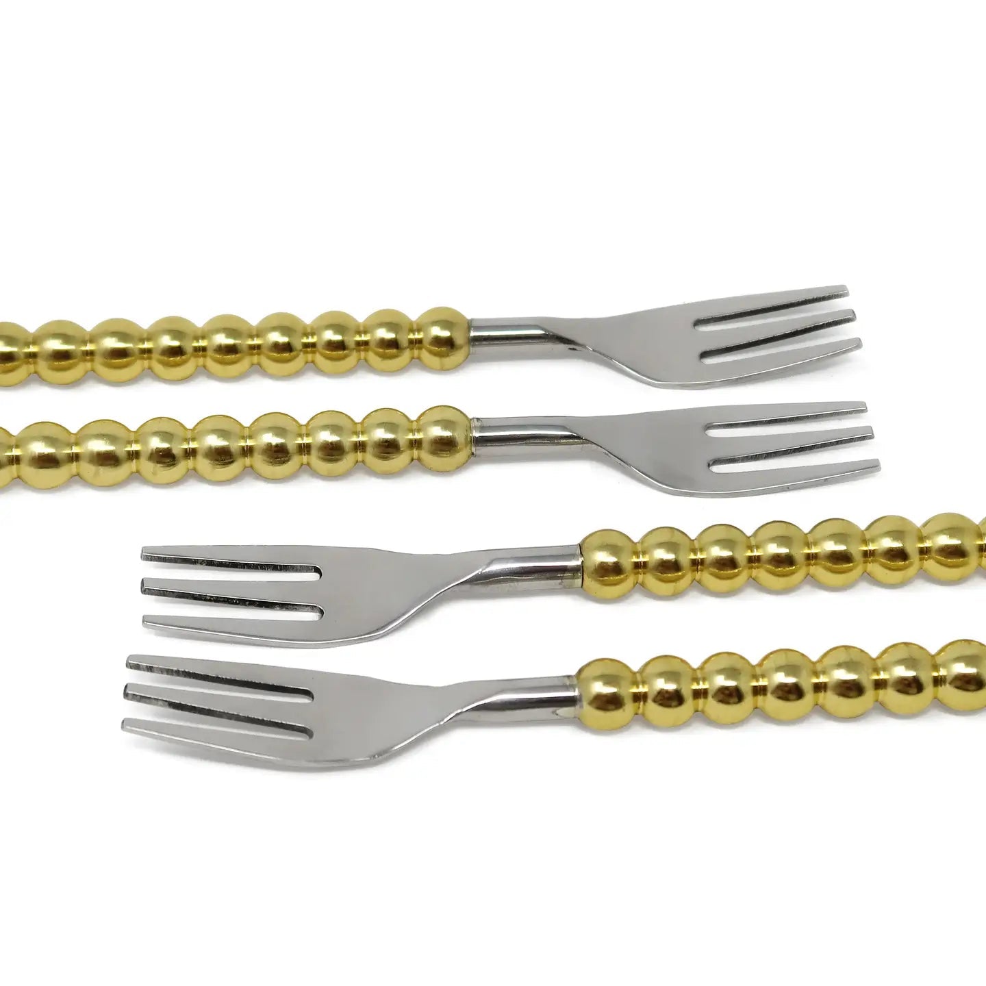 Set of 4 Gold Beaded Handles Dessert Spoons/Forks Cutlery High Class Touch - Home Decor 